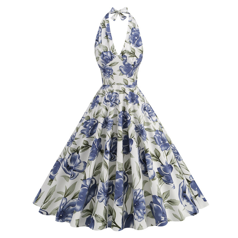 1950S European and American Resort-Style Youthful Print Hepburn-Style High-Waisted Halter Neck Sexy Dress Performance Outfit