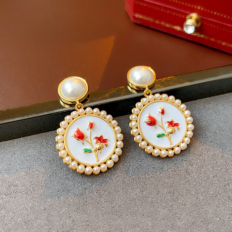 1 Pair Retro Flower Copper Enamel Inlay Artificial Pearls Rhinestones Earrings display picture 3