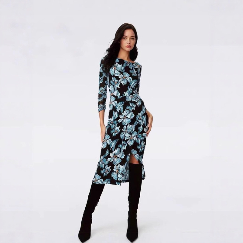 French-Style Waist-Slimming Mesh Long-Sleeve Ink Blue Floral Plant Pattern Side-Slit Dress French-Style Waist-Slimming Mesh Long-Sleeve Ink Blue Floral Plant Pattern Side-Slit Dress
