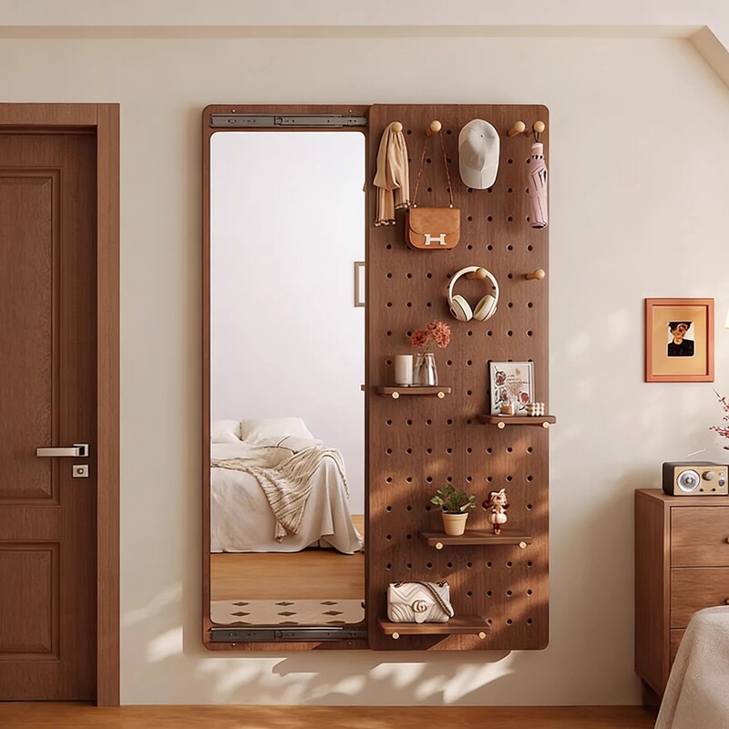 Carefully Selected Solid Wood Pegboard Dressing Mirror, Hidden Full-Length Mirror, Sliding, Home-Use, Foldable, Wall-Mounted Fitting Mirror