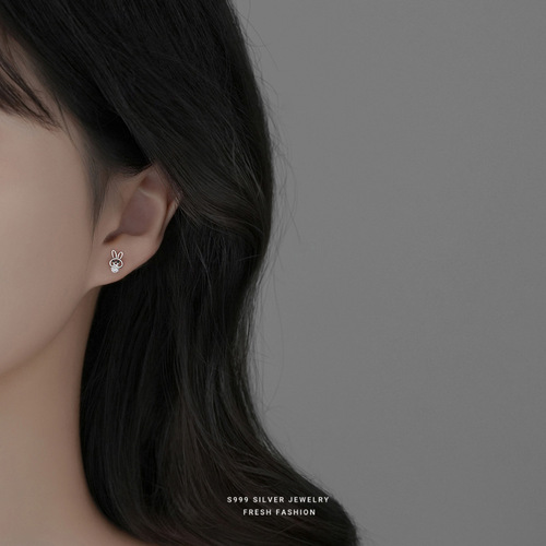 999 Silver Plated Rhinestone Rabbit Ear Studs for Women, Cute and Trendy, Instagram Style, Unique Design, Wholesale Women's Stud Earrings