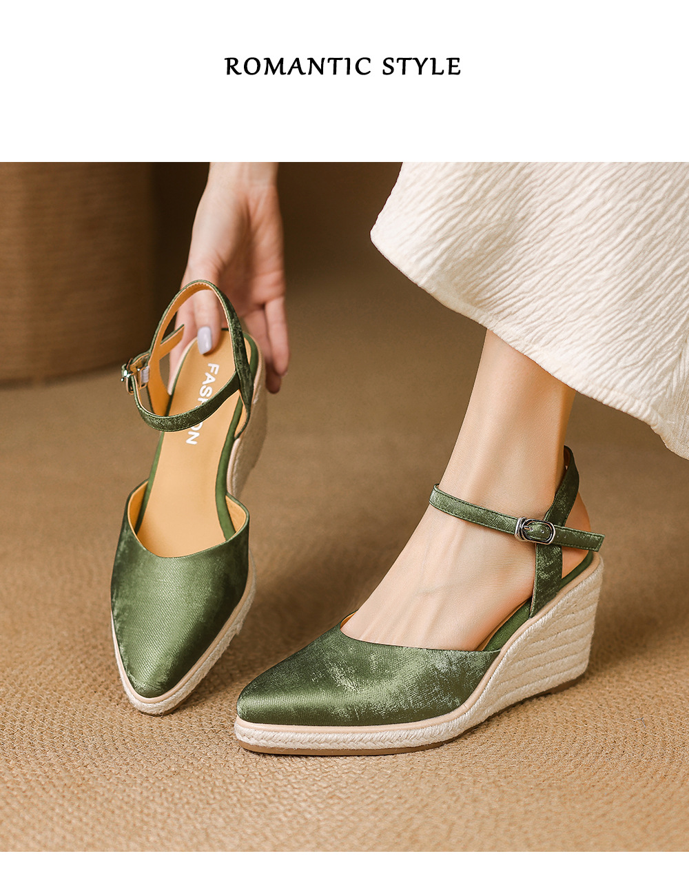 Sandal cao gót nữ phong cách Tân Trung Hoa, mũi kín quai ngang, đế xuồng bện rơm, gót 7 cm — xanh lá cây, màu mơ chi tiết 9