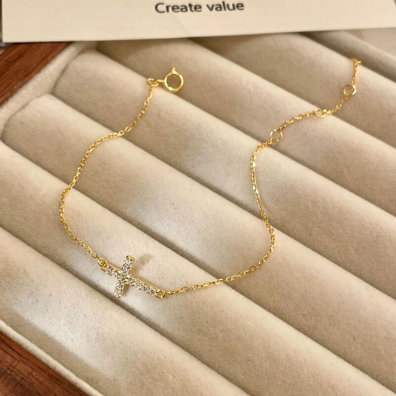 S925 Sterling Silver Plated with 18K Gold Cross Bracelet, Fully Adorned with Diamonds, Exquisite and Simple, Versatile, Niche Style, Fine Jewelry