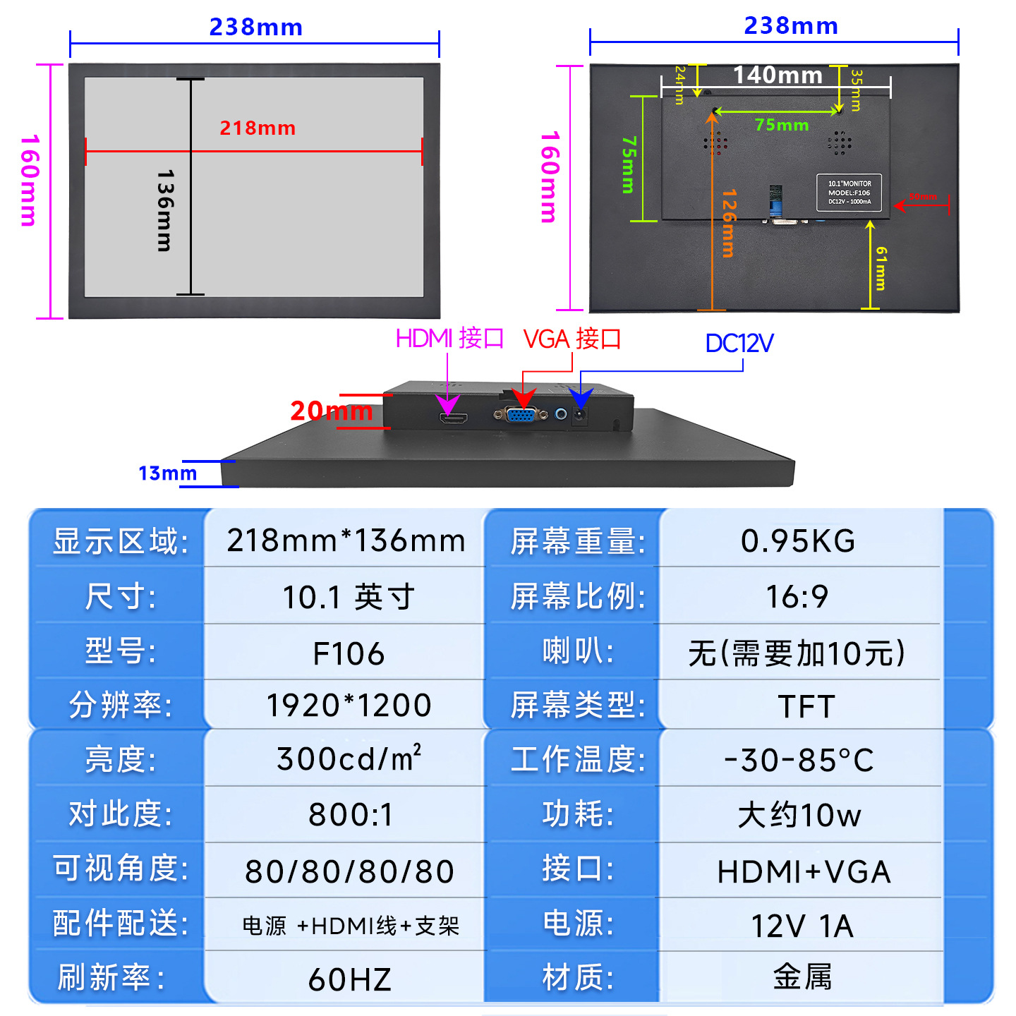 Touch Monitor 7/8/9/10/11/13/15/19/ 21inch Car Monitor Lcd Portable Display
