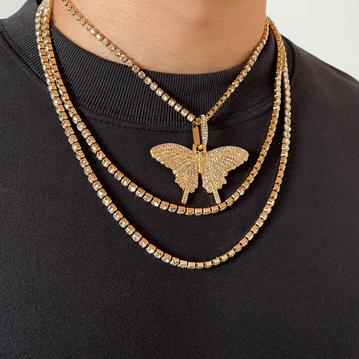 1 Piece Hip-hop Butterfly Alloy Inlay Rhinestones Men's Layered Necklaces display picture 6