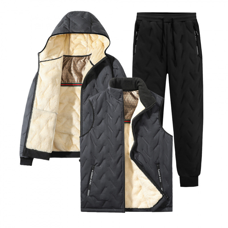 Juego de tres piezas de abrigo acolchado de algodón + chaleco gris + pie de corsé negro