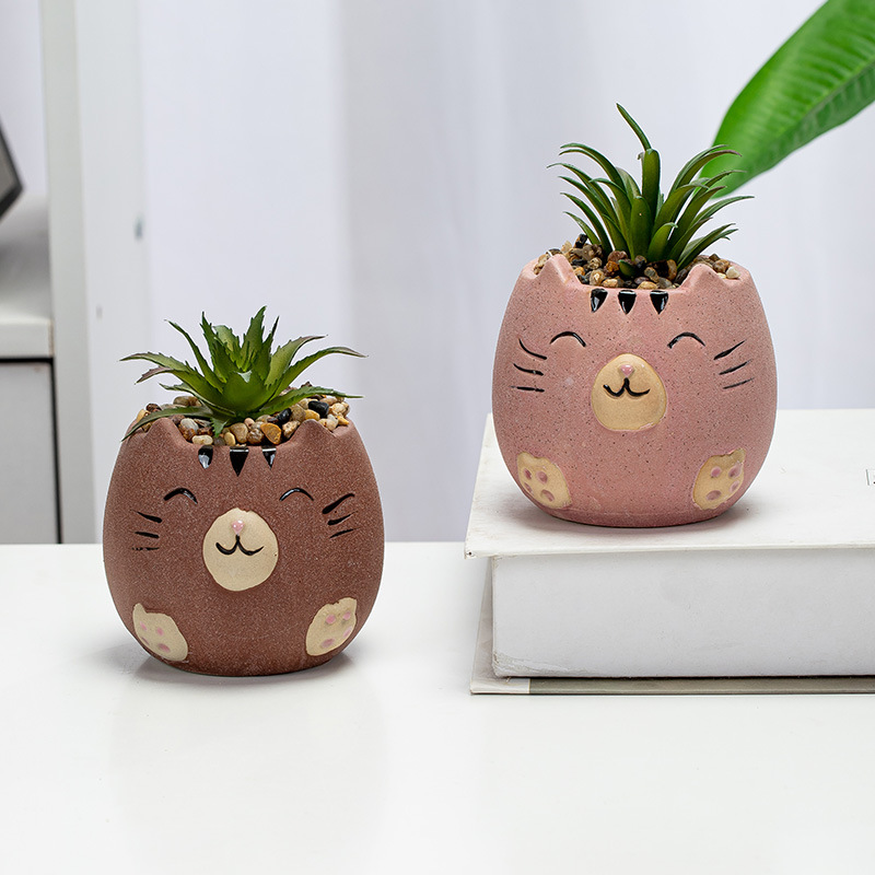 Artesanías de cerámica de dibujos animados animal suculento maceta al por mayor lindo creativo gatito maceta planta verde adornos