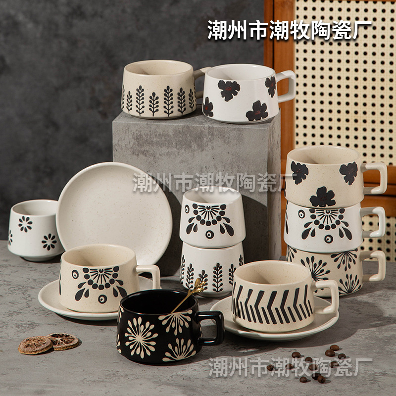 Chao Mu Vintage Ceramic Coffee Cup and Saucer suit Japanese Style Handmade Old Stoneware Cup and Saucer in stock Wholesale