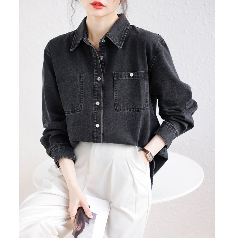 Real shot black Denim shirt women's casual draping sun protection jacket thin long sleeve shirt top