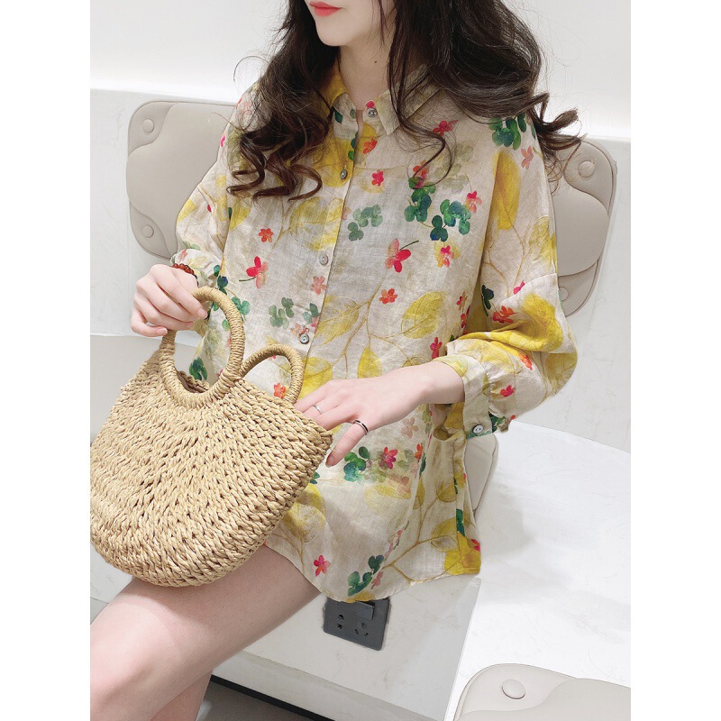 Daifa Doll Shirt Top Korean Loose Sweet Foreign Style Doll Sleeve A- Line Floral Floral Ramie Shirt Shirt