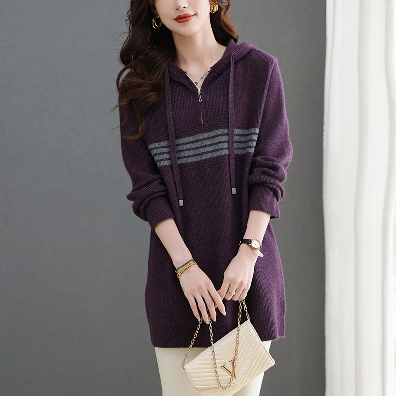 Hooded Sweater Women's Knitwear Mid-length Autumn and Winter 2024 New Arrival Stylistic Bottoming Shirt Top