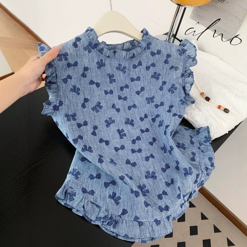 Korean-Style Sweet Bow Print Sleeveless Shirt for Women, Summer 2026 New Fashion Ruffled Top A11805