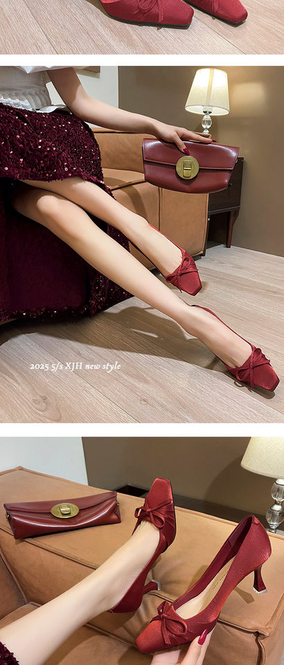 Giày cao gót nữ mũi vuông da thật trang trí nơ, gót 6–8 cm — Màu trắng be, Màu đỏ chi tiết 11