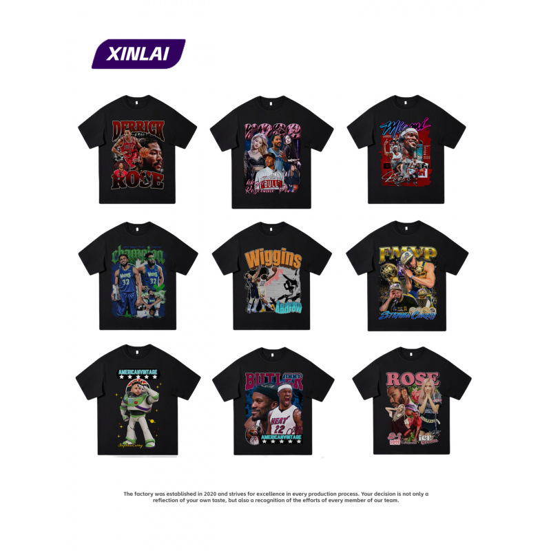 American-style T-shirts featuring star players like Rose, James, Morant, and Curry, printed short-sleeve pure cotton streetwear T-shirts wholesale