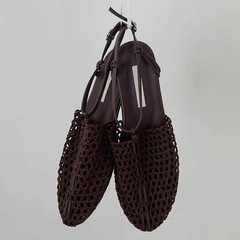 シープスキンバージョン〜ニッチレトロ織りローマンシューズワンラインバックルフラットフィッシュネットトゥキャップサンダルレディースアウターハーフスリッパ