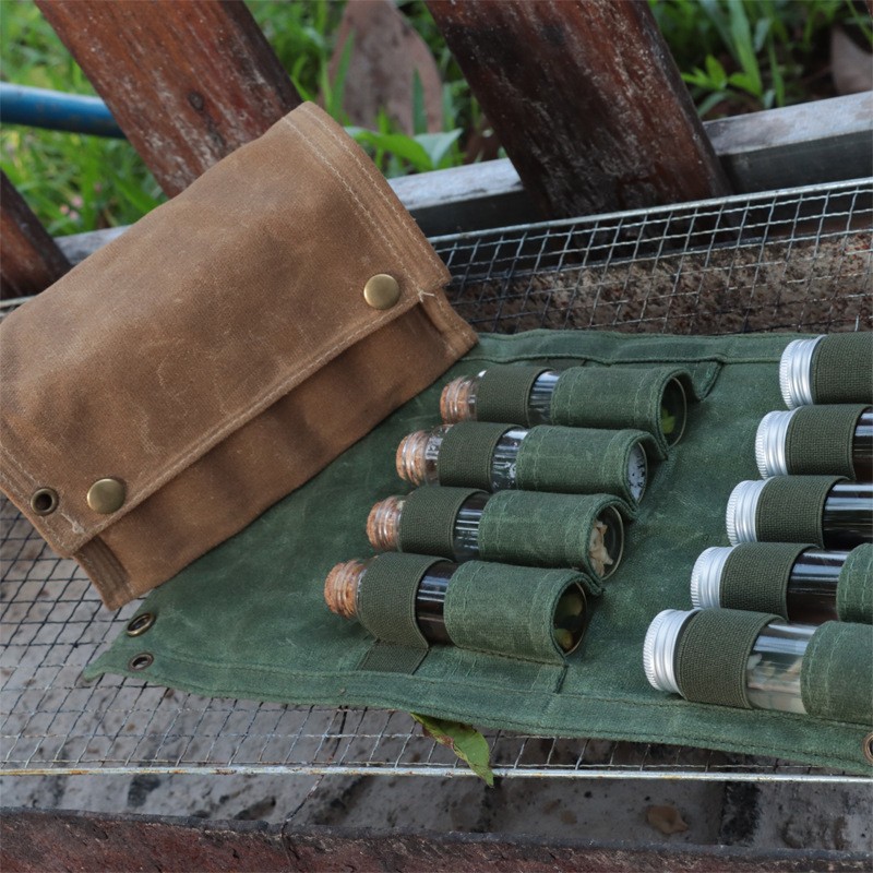 Outdoor-Camping-Flaschenset mit 9 Glasflaschen, faltbarem Gewürzbeutel, Canvas-Tasche (Großhandel)_voghion.com