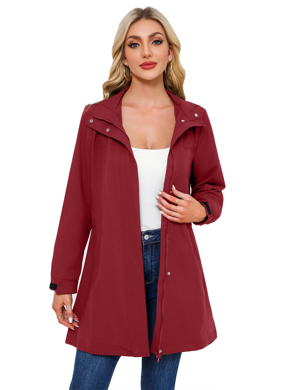 Women's Clothing new spring and autumn detachable hood water repellent windbreaker women's solid color long sleeved thin jacket_voghion.com