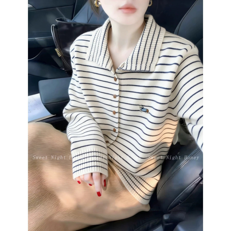 New autumn and winter collection: half-turtleneck, color-block striped knit cardigan, Korean-style loose-fitting, versatile outerwear, women's sweater, outer layer