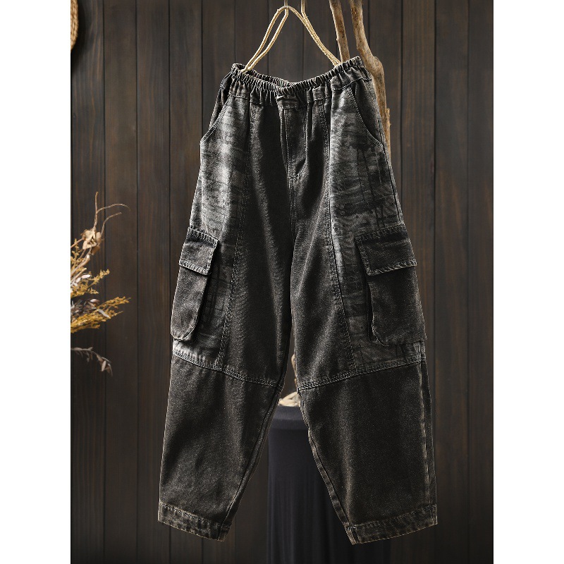 复古撞色贴布拼接牛仔裤女大码宽松显瘦个性大口袋工装哈伦裤长裤