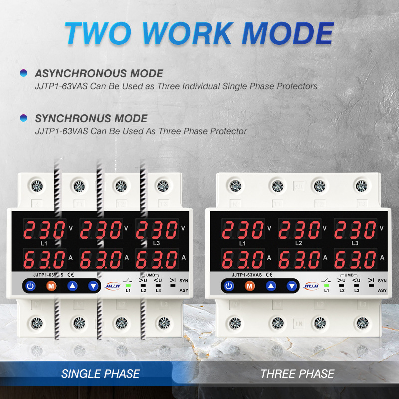 Three-phase adjustable digital display self-duplex over-voltage and under-voltage current limiting protector overload 63A missing zero missing phase 220V