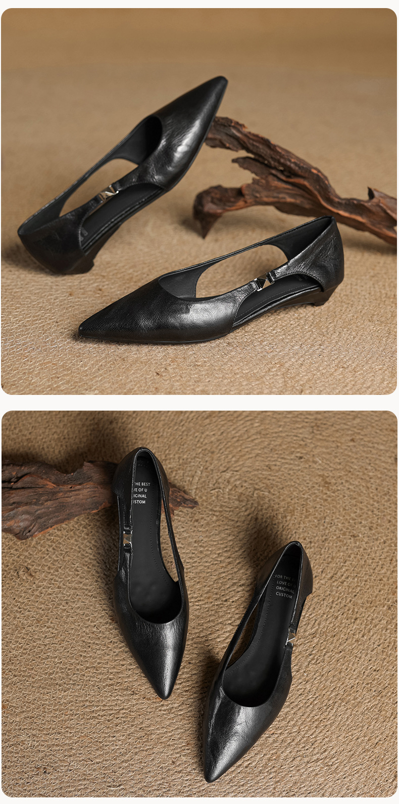 Sandal nữ da cừu mũi nhọn gót thấp hở mũi kiểu Hàn Quốc — đen chi tiết 23