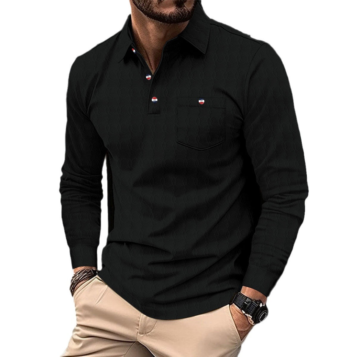 Transfronterizo AliExpress Amazon 2023 Otoño e Invierno nuevos hombres bolsillo jacquard Polo camisa de cuello alto manga larga deportes