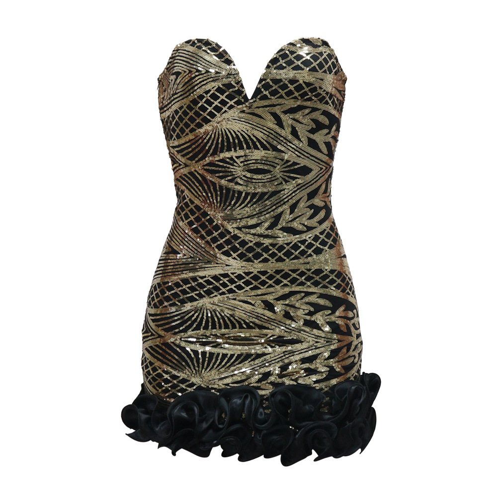Sexy Women Clothing Tube Top V neck Sequ Flounce Dress
