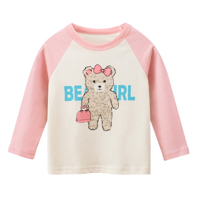 Ropa para niños de estilo coreano 2023 Otoño Nuevo Oso de dibujos animados de niñas impreso Camiseta de manga larga camisa de fondo para niños al por mayor