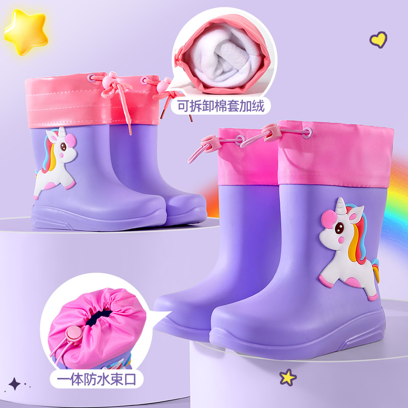 Children's Rain Boots Cartoon Boys and Girls Rain Boots Cute Water Shoes Non-Slip Fleece-Lined Girls Water Boots Students Waterproof Rubber Shoes