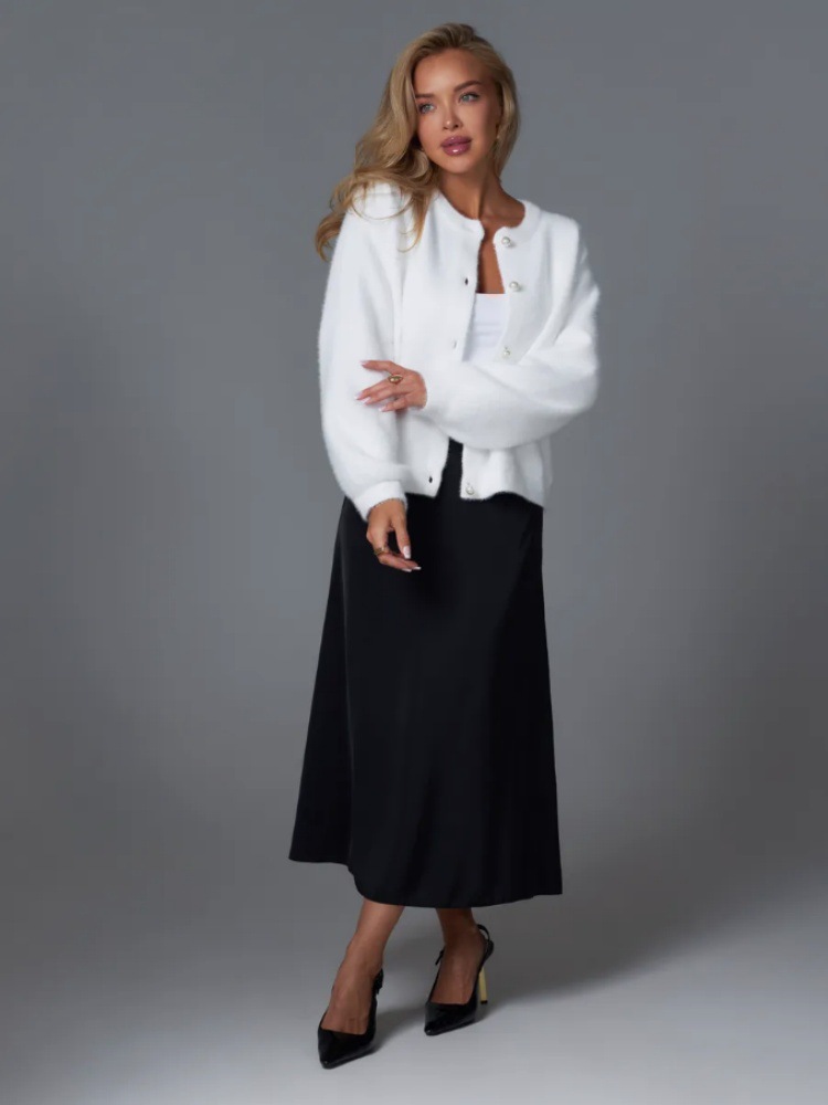 Cardigan aus Kunstnerzstrick – Weicher, übergroßer Strickmantel mit Knopfleiste (Einheitsgröße, Rundhalsausschnitt, lange Ärmel, dick und kuschelig, Weiß, perfekt zum Layern)_voghion.com