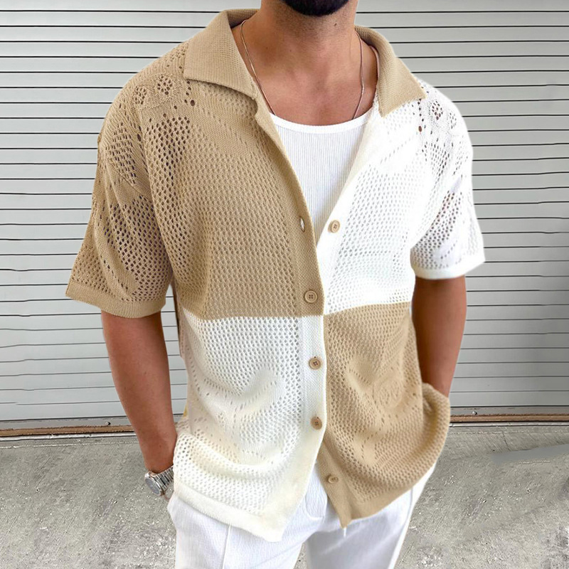Color Block Hollow Knit Sweater Turn-Down-Kragen Kurzarm-Cardigan Dünn Sommer Muscle Plus Size Herrenbekleidung_voghion.com