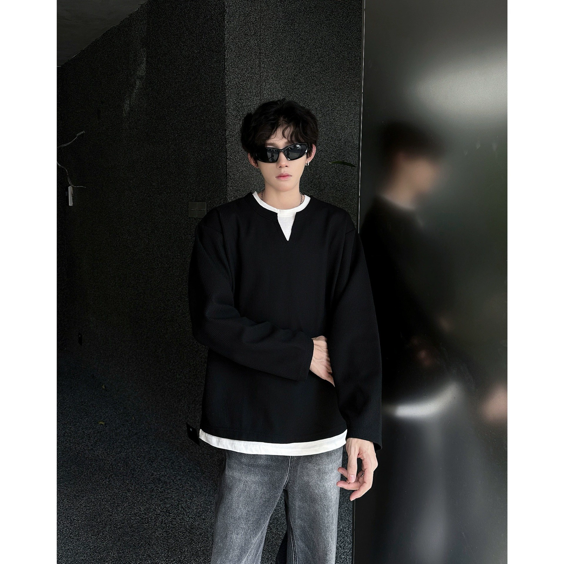 Вафли поддельные две части V-образного свитера мужской американский ретро тяжелый прилив серые футболки с длинными рукавами осенний воротник стандарт