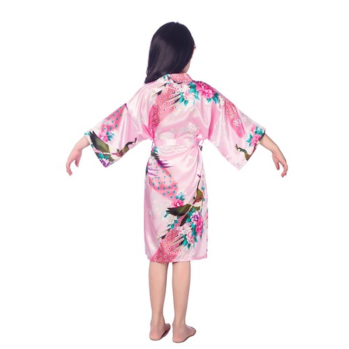 Cross-border girl floral peacock and peony long sleepwear bathrobe summer thin imitation silk children home open sweater robe
