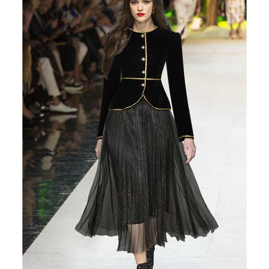 秋冬新款复古小西装短款外套两件套收腰网纱裙时尚半身裙套装