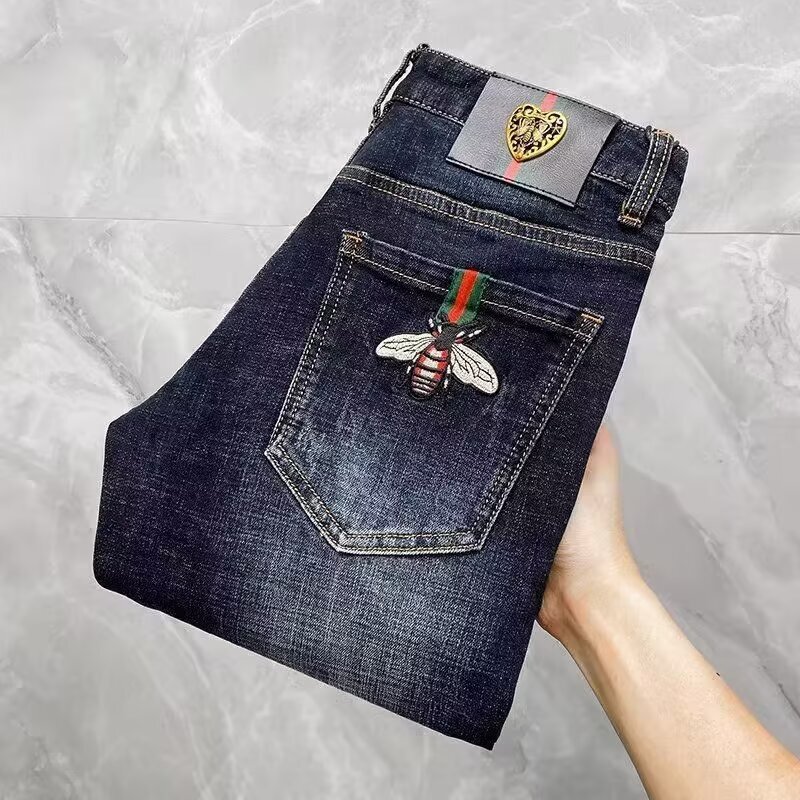 Cross-Border Trendy Men's Jeans with High-End European and American Style, Featuring Bee Embroidery, Fashionable Slim-Fit Tapered Casual Pants