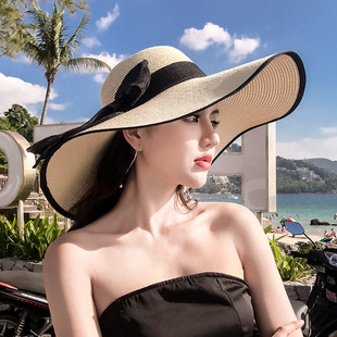 Korean Style Beach Straw Hat, Summer Seaside Large Brim Sun Protection and Sunshade Travel Versatile Large Brim Cool Hat Casual Sun Hat
