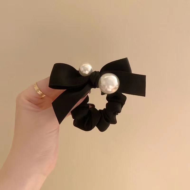 Scrunchie in raso con fiocco e perle elastico capelli elegante_voghion.com