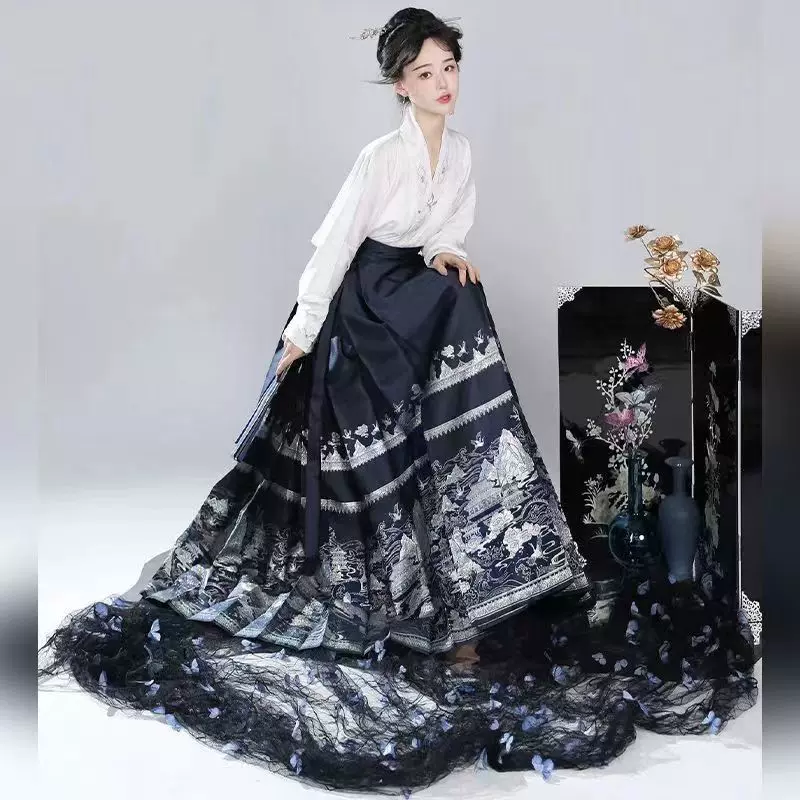 2024新款海上仙山原创印花新中式马面裙套装飞机袖日常通勤明制女