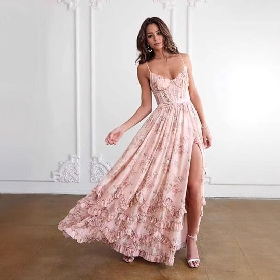 Amazon Cross-Border Spaghetti Strap Printed Evening Dress, Forest-Style Design, Elegant Banquet and Prom Dress, Long A-Line Dress