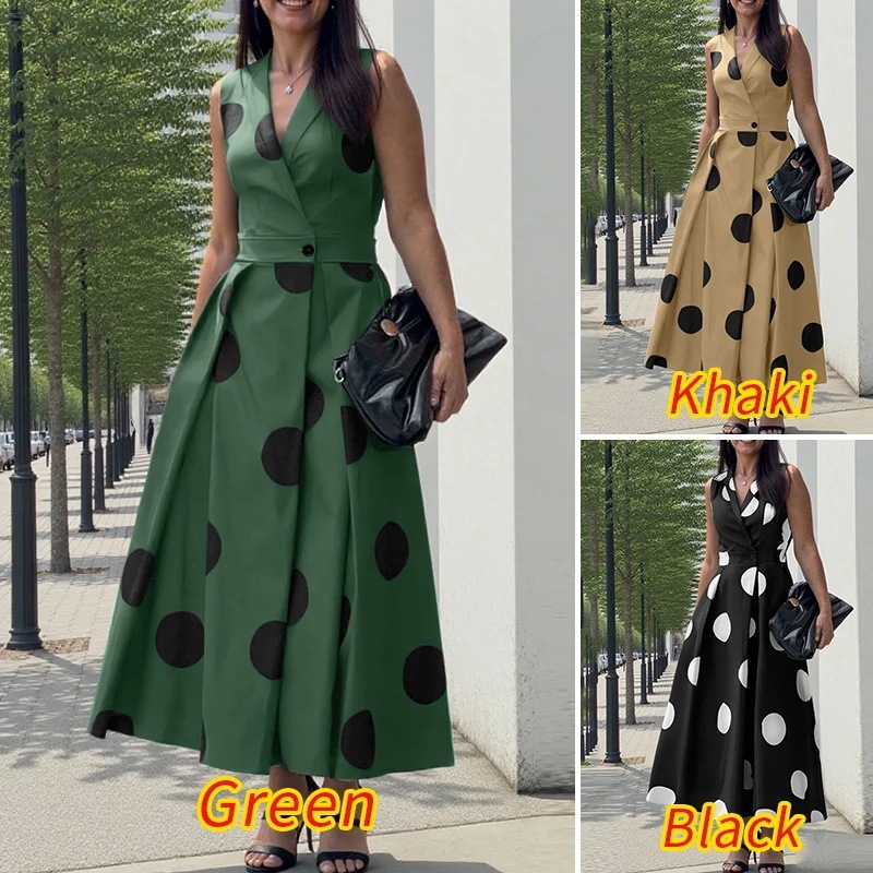 2025 Summer Office Women Sun Dress Elegant Polka Dot Long Dress Party Fashion Sleeveless dress