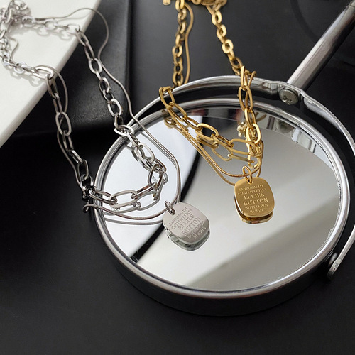 Titanium Steel Non-fading Square Metal Necklace Women's Minority Design Double Layer Overlap Clavicle Chain Cool Style Accessories 
