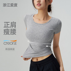 羅紋修身ヨガ服の正肩は腰の半袖の女性の運動のtシャツを収めます。