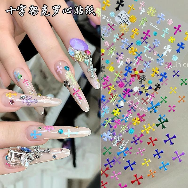 Colorful Cross-Shaped Chrome Hearts Nail Stickers, Popular Candy-Colored Embossed Thin Flexible Nail Art Decorations