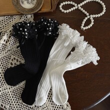 hotmoon设计师款重工珍珠花边可爱女儿童宝宝学生中筒小腿堆堆袜