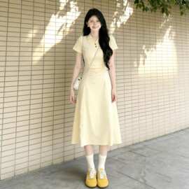气质Polo领纯色短袖连衣裙女夏季新款漂亮法式收腰显瘦裙子