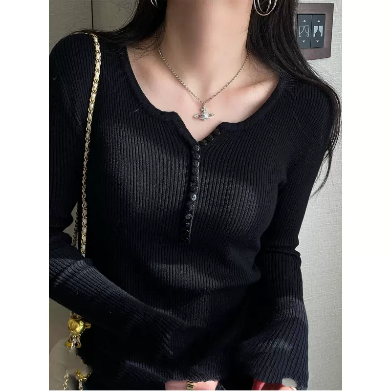 黑色打底衫女秋冬高级感v领针织毛衣内搭设计感修身上衣