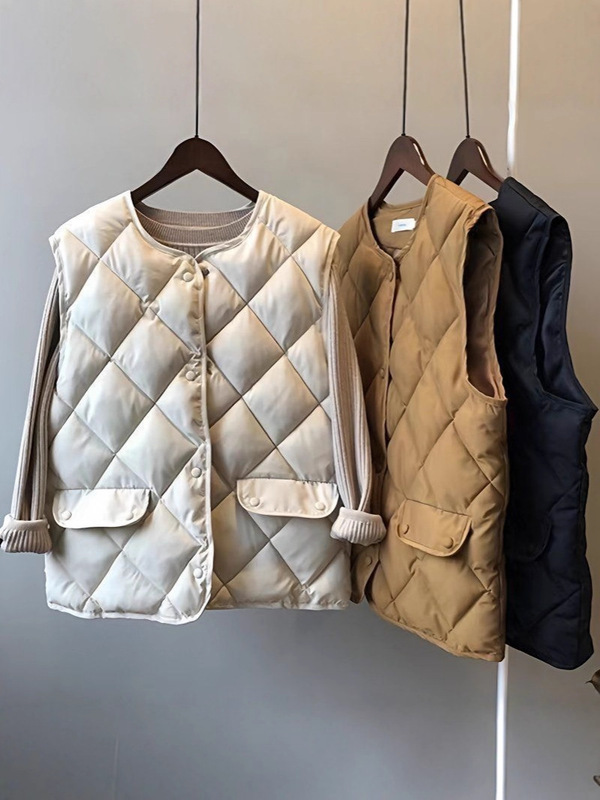 法式秋冬棉服马甲女坎肩背心菱格夹棉外套外穿小个子宽松马夹外套|undefined