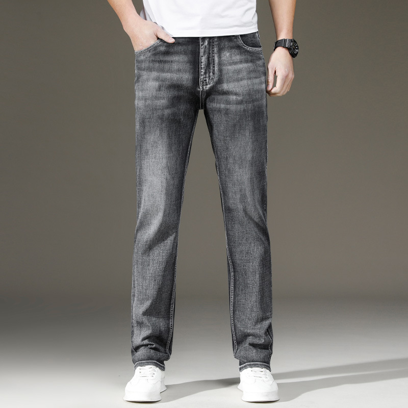 Pantalones vaqueros rectos de negocios de alta gama gris ahumado hombres de alta cintura marca de moda pantalones de mezclilla de mediana edad