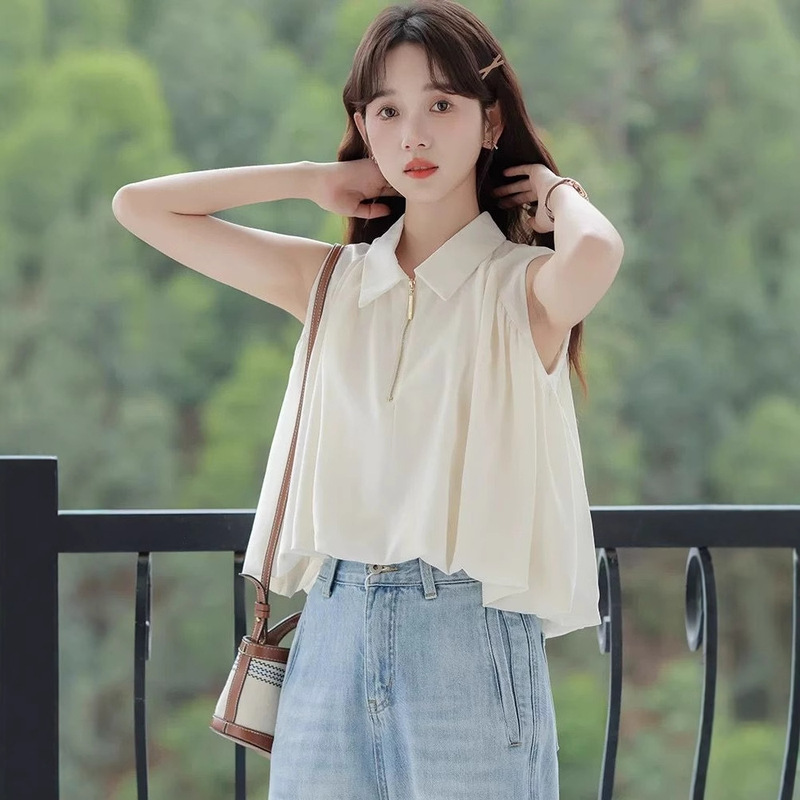 2025 New Summer Style High-End Short Shirt Top French White Sleeveless Half-Zip Vest Shirt for Women 2025 New Summer Style High-End Short Shirt Top French White Sleeveless Half-Zip Vest Shirt for Women