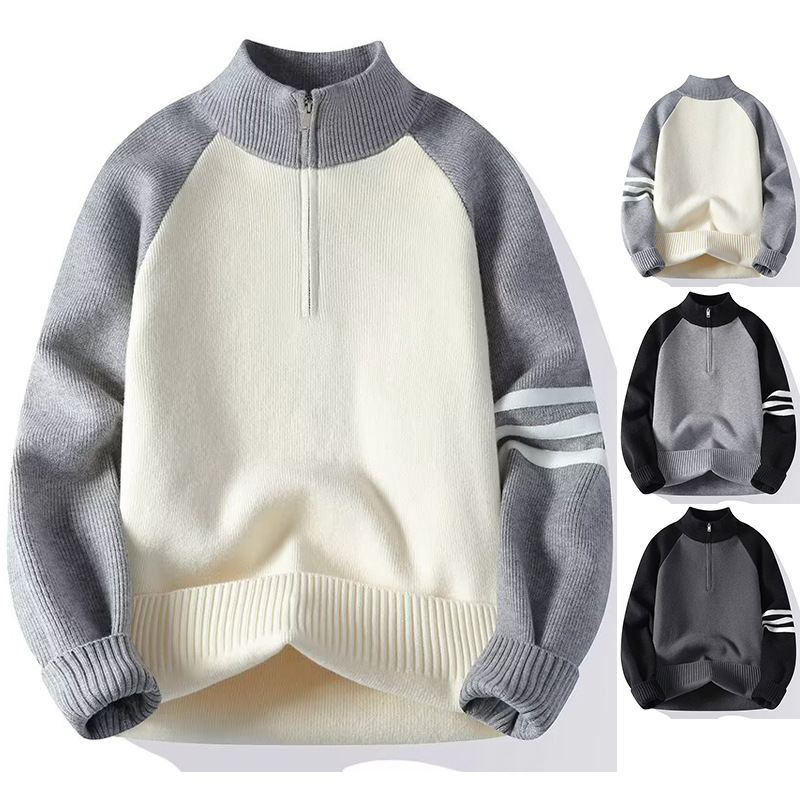 Semia cremallera tres barras a rayas camiseta de punto suéter hombre cuello perezoso alto otoño invierno suéter fábrica transfronteriza al por mayor image 1
